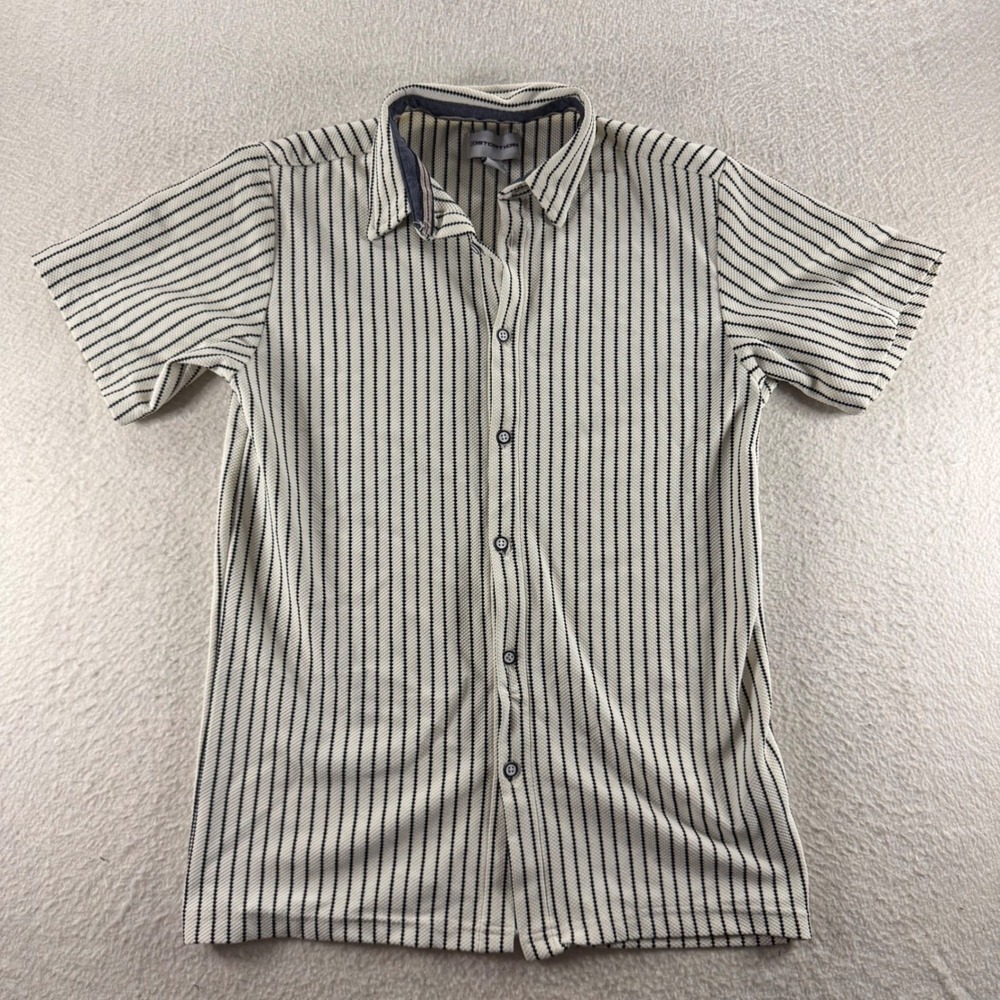 Distortion Button Down Shirt Boys L 14/16 Cream Black Striped Waffle Preppy